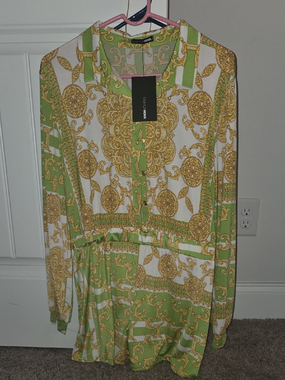 Green & Gold Baroque Print Long Sleeve Romper